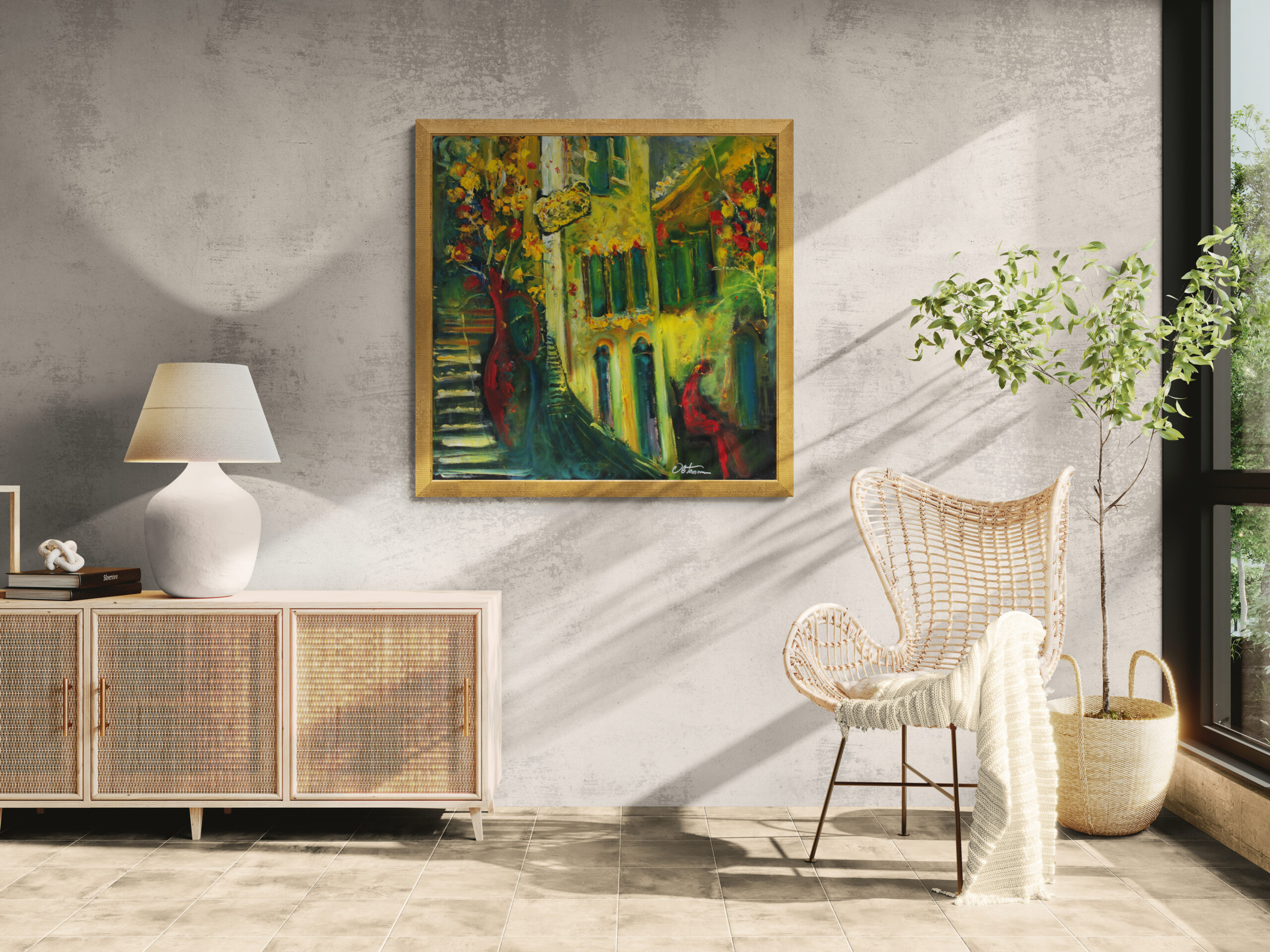 Balconul cu flori și umbra roșie